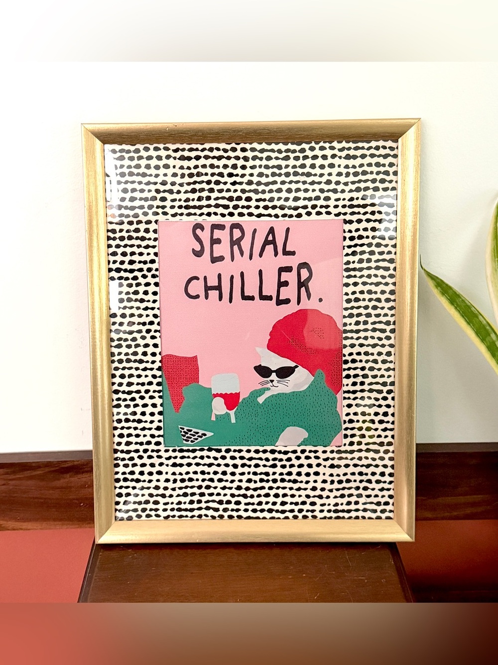 Serial Chiller Cat Silly Dotted Canvas Art Print Gold Framed Quirky Wall Art